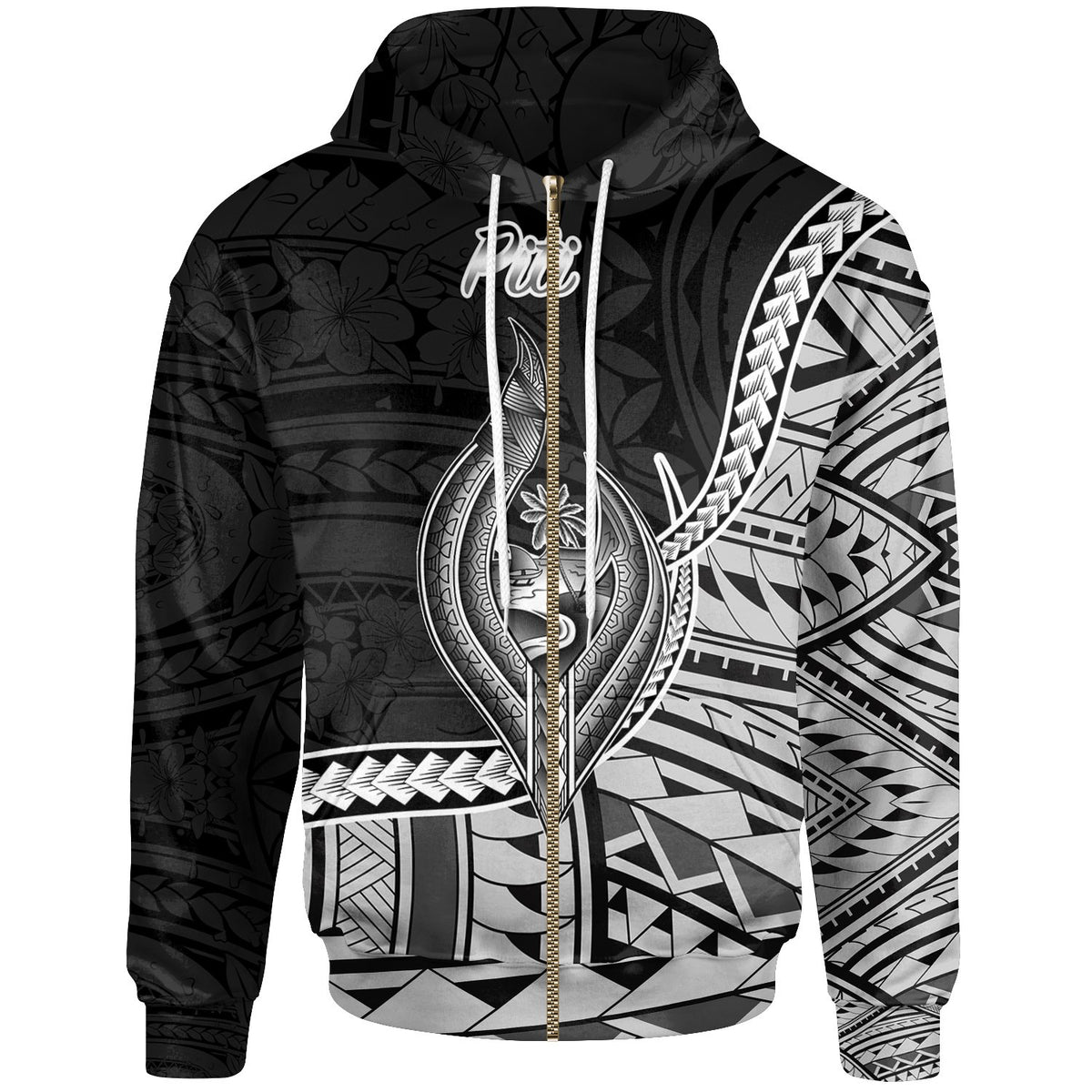 Guam Zip Hoodie Piti Seal of Guam Polynesian Patterns Unisex Black - Polynesian Pride