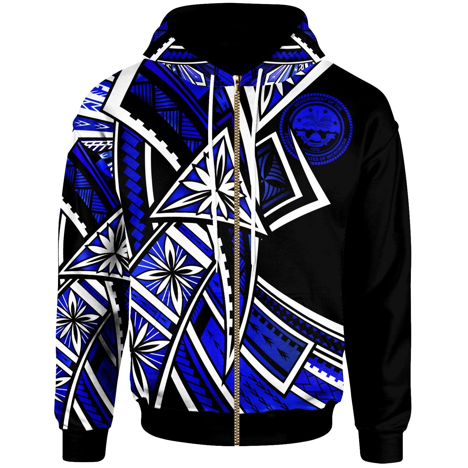 Federated States of Micronesia Zip up Hoodie Tribal Flower Special Pattern Blue Color Unisex Blue - Polynesian Pride