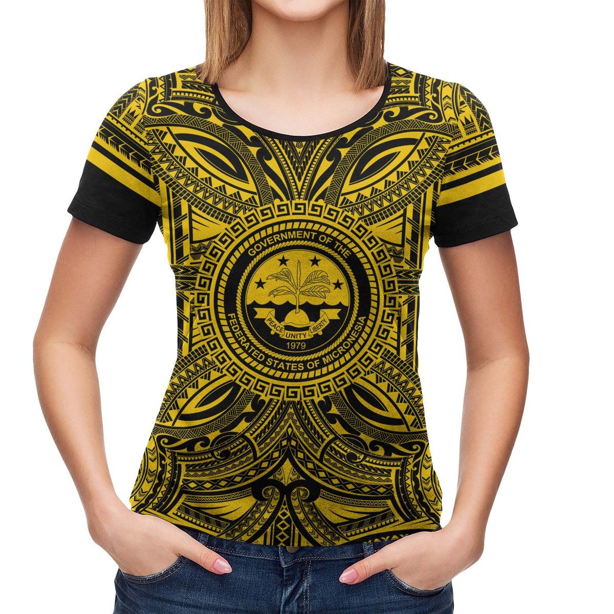 Federated States of Micronesia T Shirt FSM Coat of Arms Polynesian Gold Black - Polynesian Pride