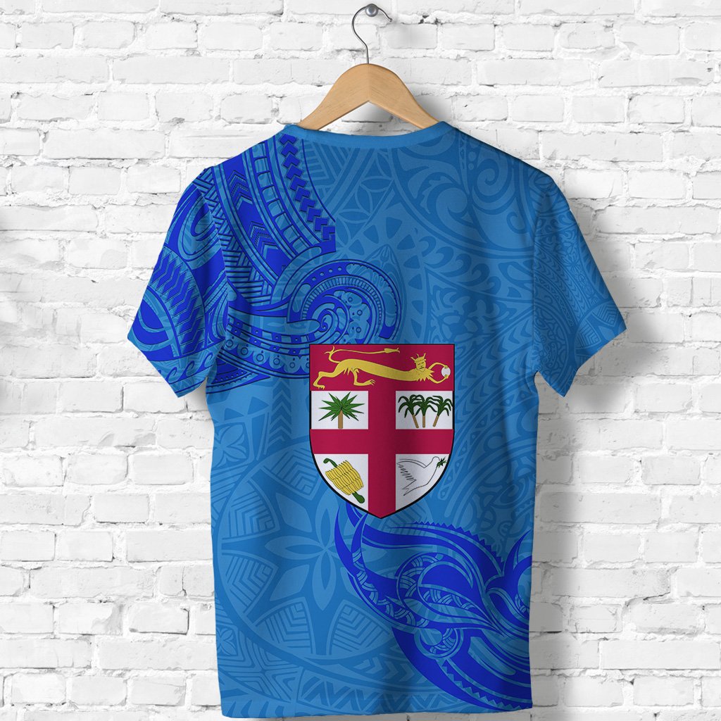 Blue T Shirt Fiji Rugby Polynesian Waves Style - Polynesian Pride