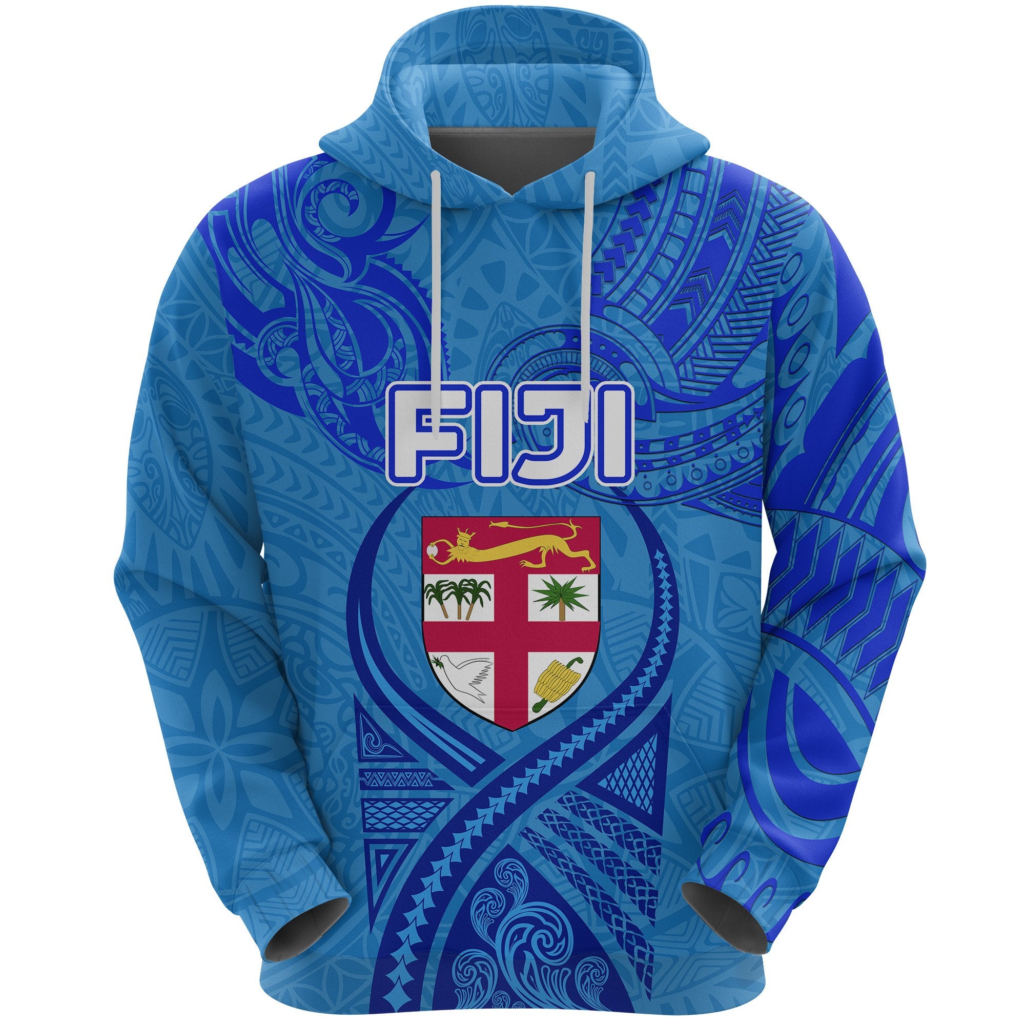 (Custom Text and Number) Blue Hoodie Fiji Rugby Polynesian Waves Style Unisex Blue - Polynesian Pride