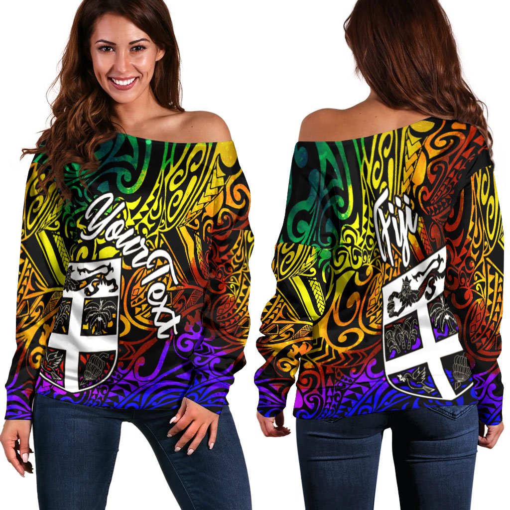 Fiji Custom Personalised Women's Off Shoulder Sweater - Rainbow Polynesian Pattern Art - Polynesian Pride
