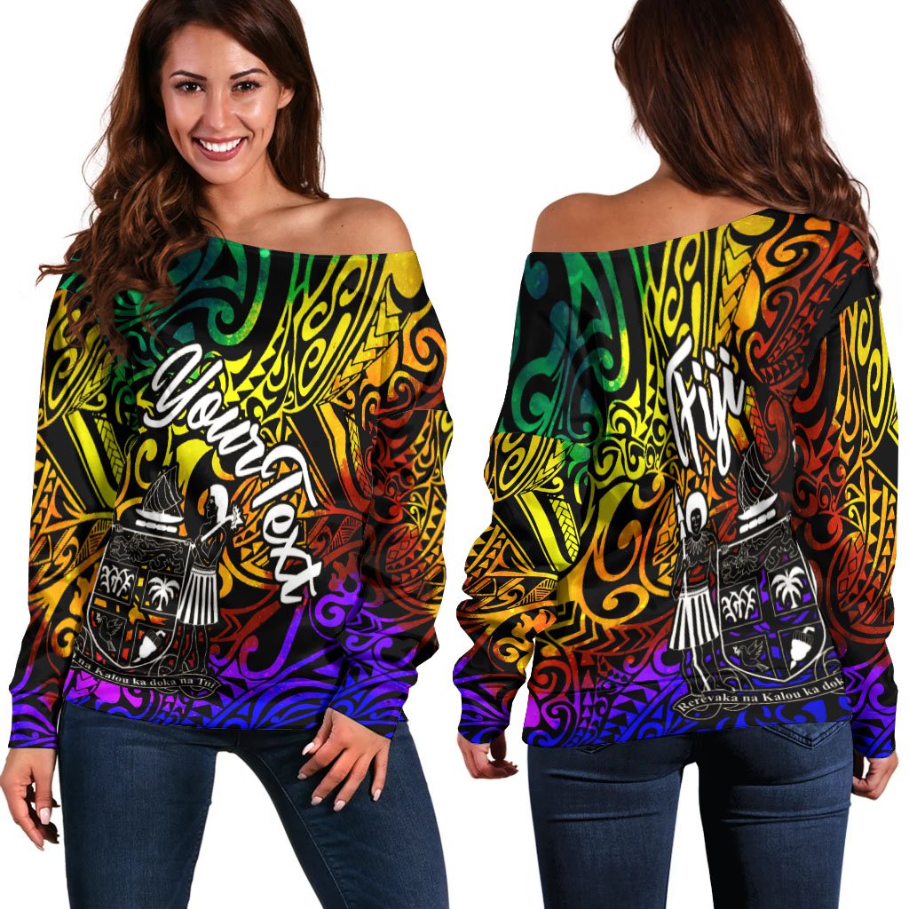 Fiji Custom Personalised Women's Off Shoulder Sweater - Rainbow Polynesian Pattern Crest Art - Polynesian Pride