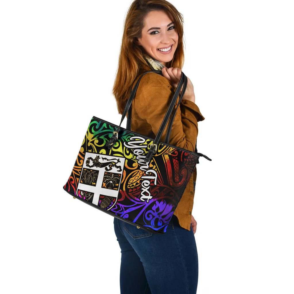 Fiji Custom Personalised Leather Tote Bag - Rainbow Polynesian Pattern - Polynesian Pride