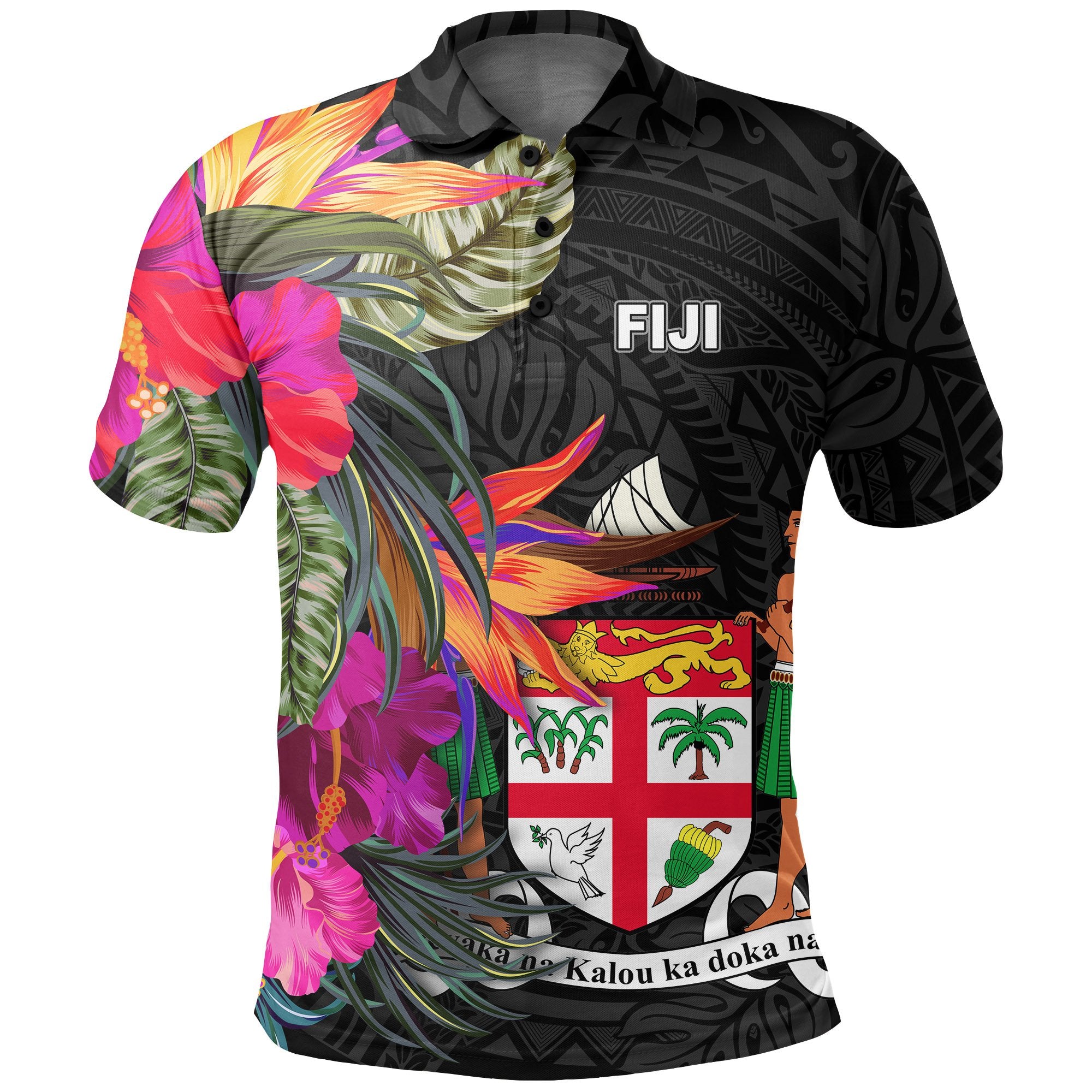 Fiji Polo Shirt Hibiscus Polynesian Pattern Unisex Black - Polynesian Pride