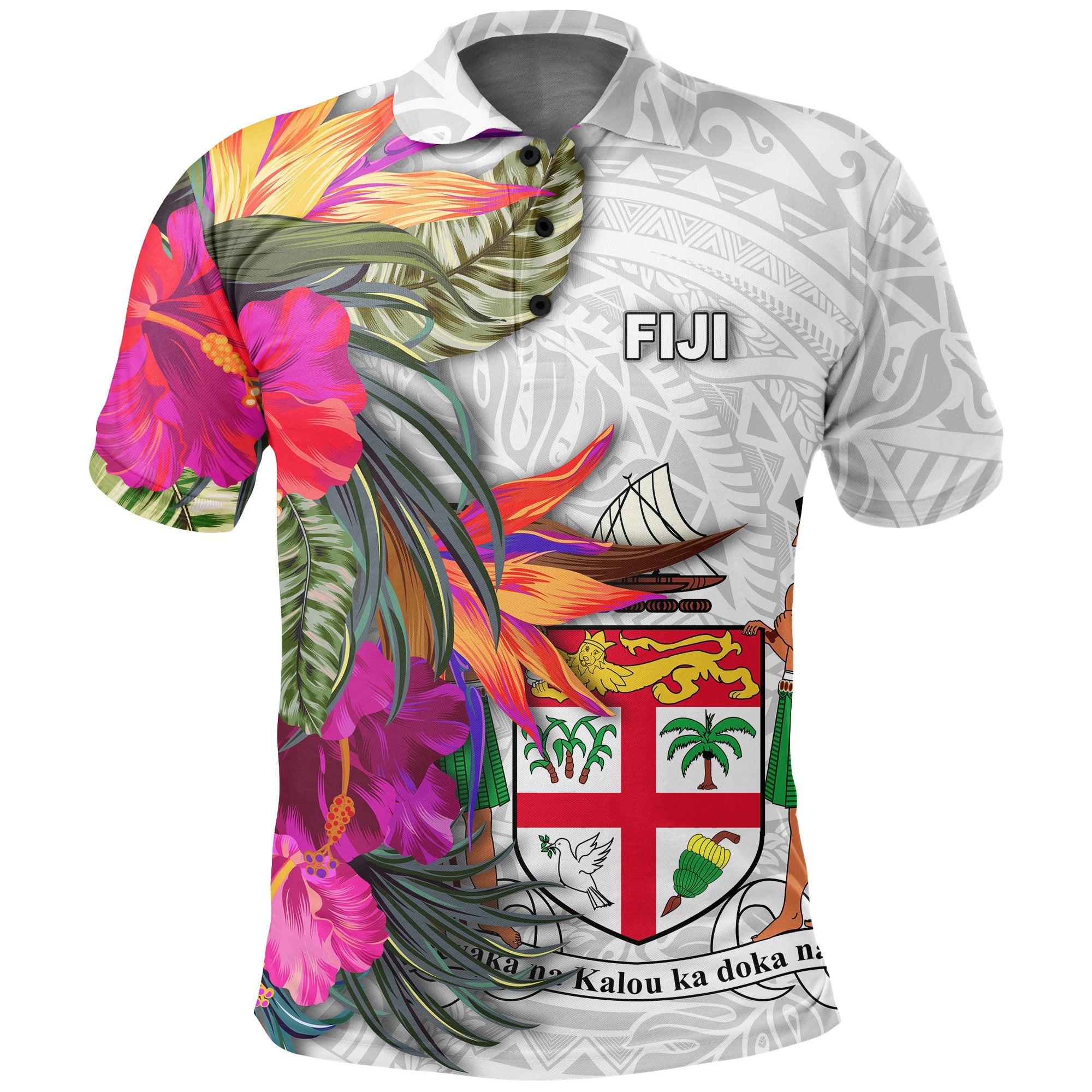Fiji Polynesian Polo Shirt Hibiscus White Pattern Unisex White - Polynesian Pride