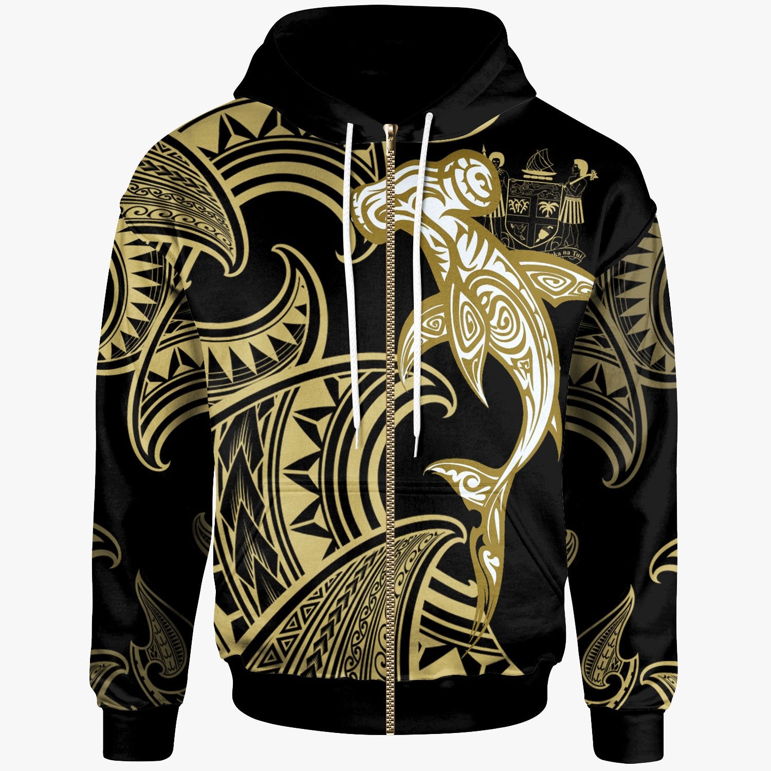Fiji Zip Hoodie Hammerhead Shark Tribal Pattern Unisex Gold - Polynesian Pride