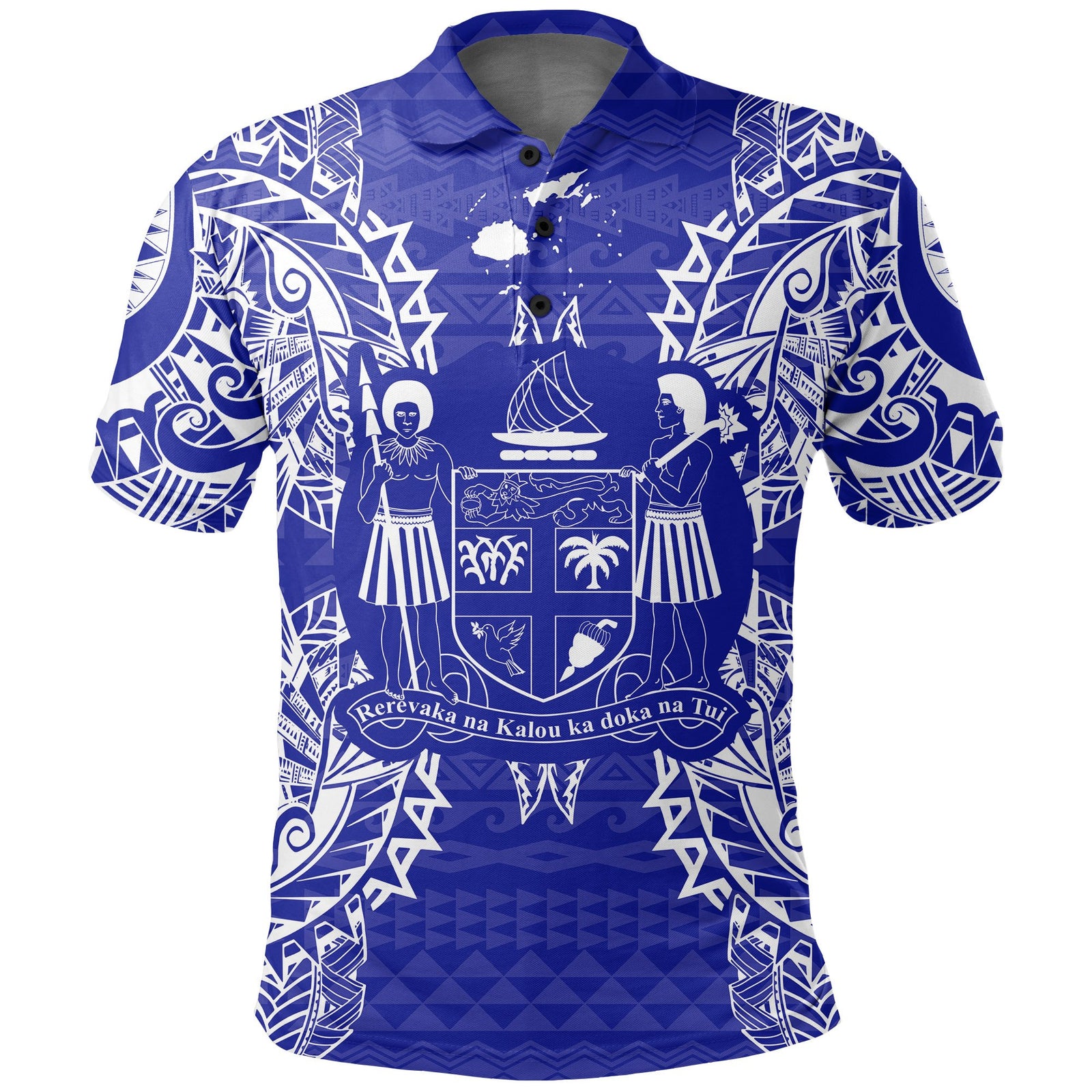 Fiji Polo Shirt Viti Coat Of Arms Map Polynesian Tattoo Blue Unisex Blue - Polynesian Pride