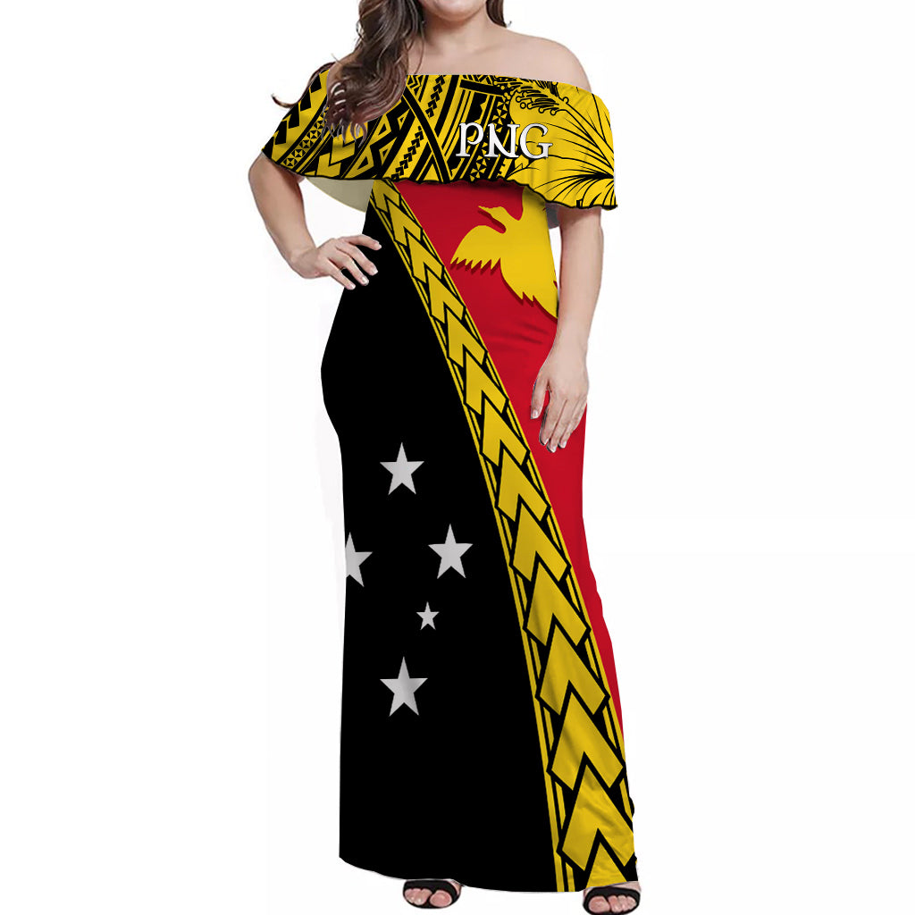 PNG Hibiscus Tribal Pattern Off Shoulder Long Dress Bird - of - Paradise LT7 Long Dress Black - Polynesian Pride