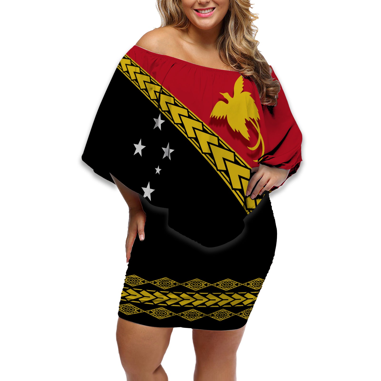 PNG Off Shoulder Short Dress Papua Flag Simple Style LT7