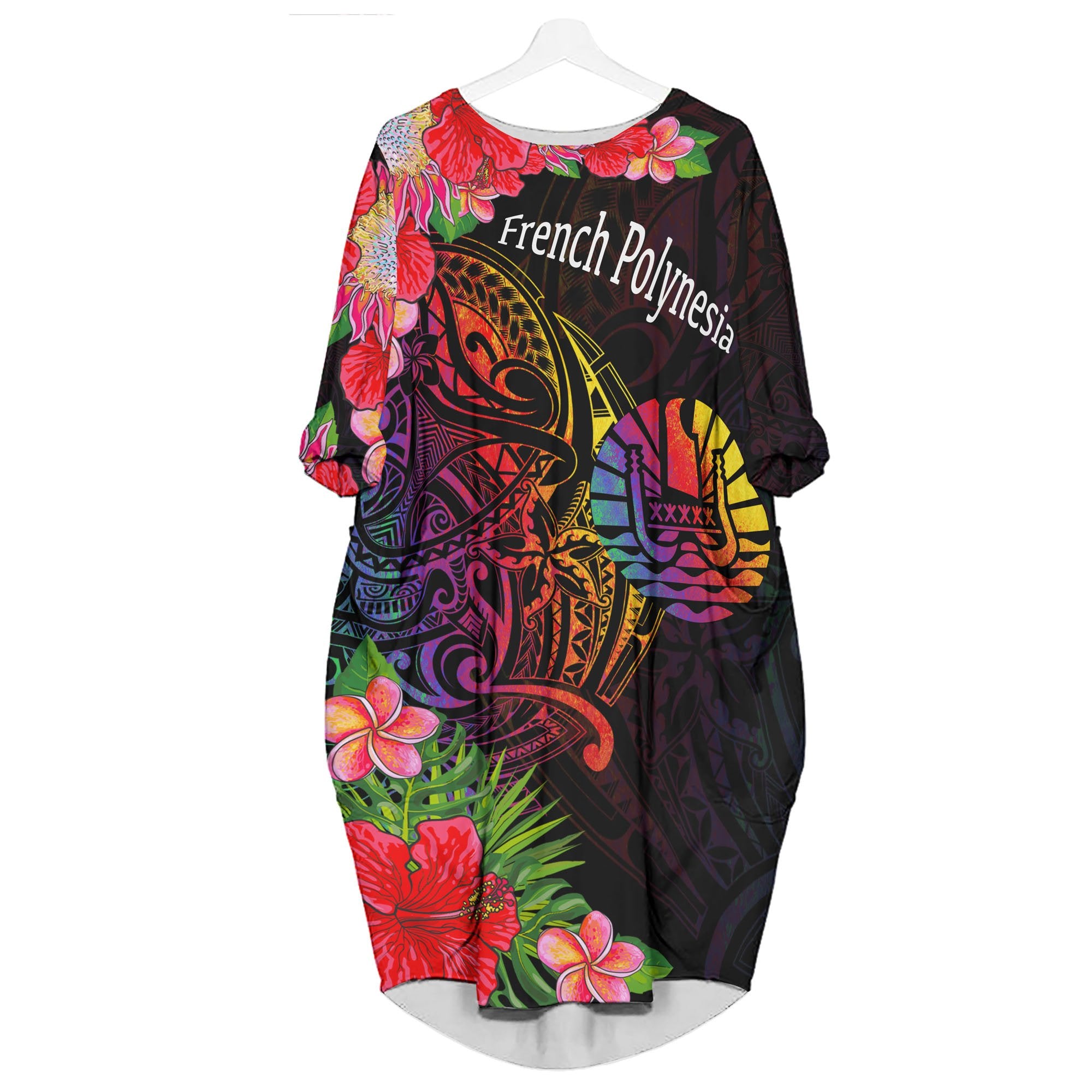 French Polynesia Batwing Pocket Dress - Tropical Hippie Style Women Black - Polynesian Pride