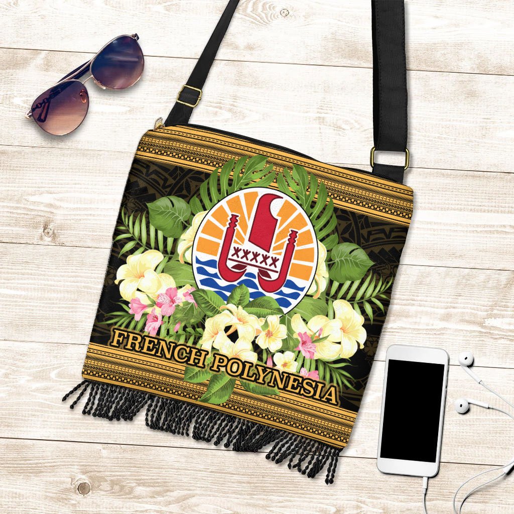 French Polynesia Boho Handbag - Polynesian Gold Patterns Collection One Size Boho Handbag Black - Polynesian Pride