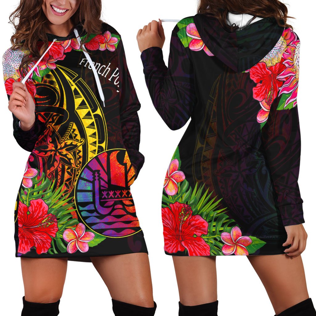 French Polynesia Hoodie Dress - Tropical Hippie Style Black - Polynesian Pride