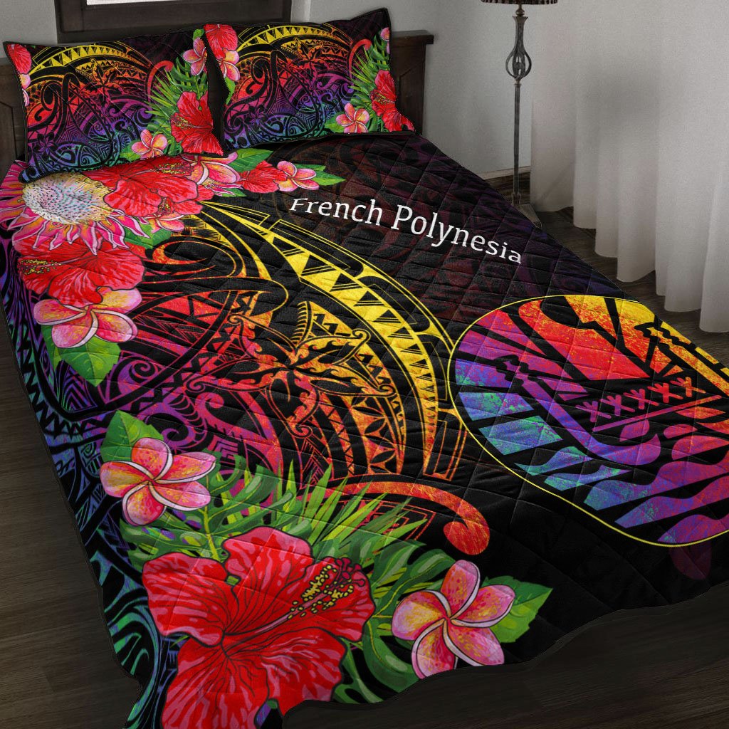 French Polynesia Quilt Bed Set - Tropical Hippie Style Black - Polynesian Pride