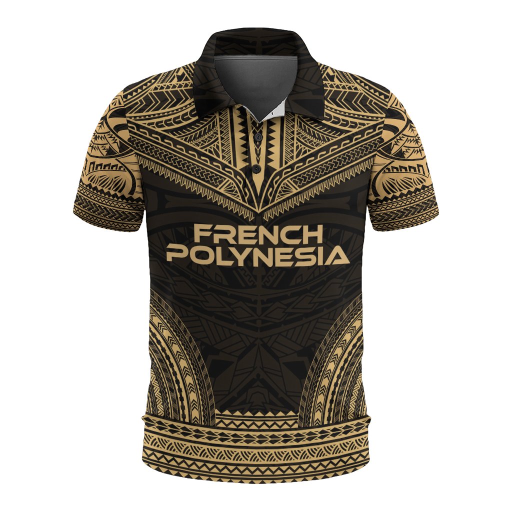 French Polynesia Polo Shirt French Polynesia Coat Of Arms Polynesian Chief Tattoo Gold Version Unisex Gold - Polynesian Pride