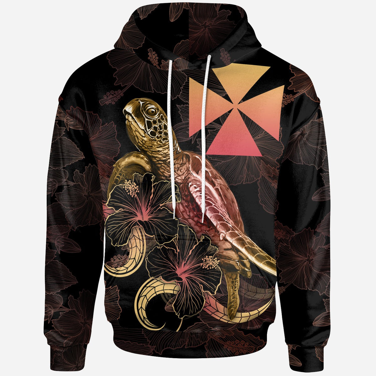 Wallis and Futuna Polynesian Hoodie Turtle With Blooming Hibiscus Gold Unisex Gold - Polynesian Pride