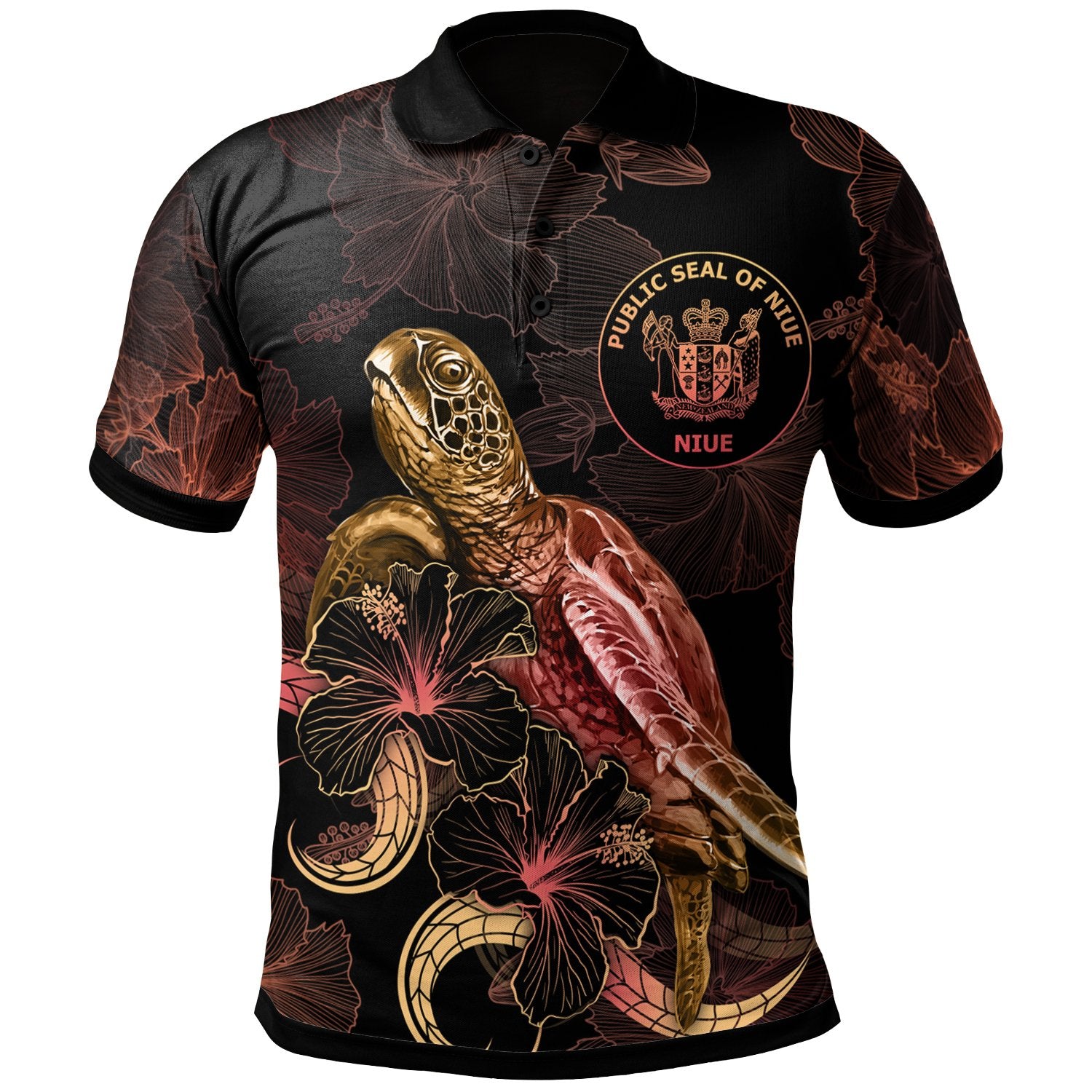 Niue Polynesian Polo Shirt Turtle With Blooming Hibiscus Gold Unisex Gold - Polynesian Pride