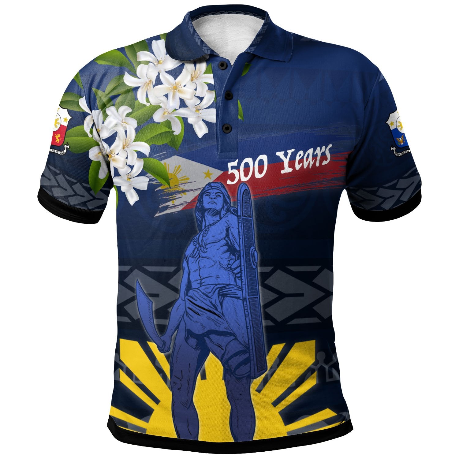 Philippines Polo Shirt King Lapu Lapu With Sampaguita Jasmine Flower Unisex Blue - Polynesian Pride