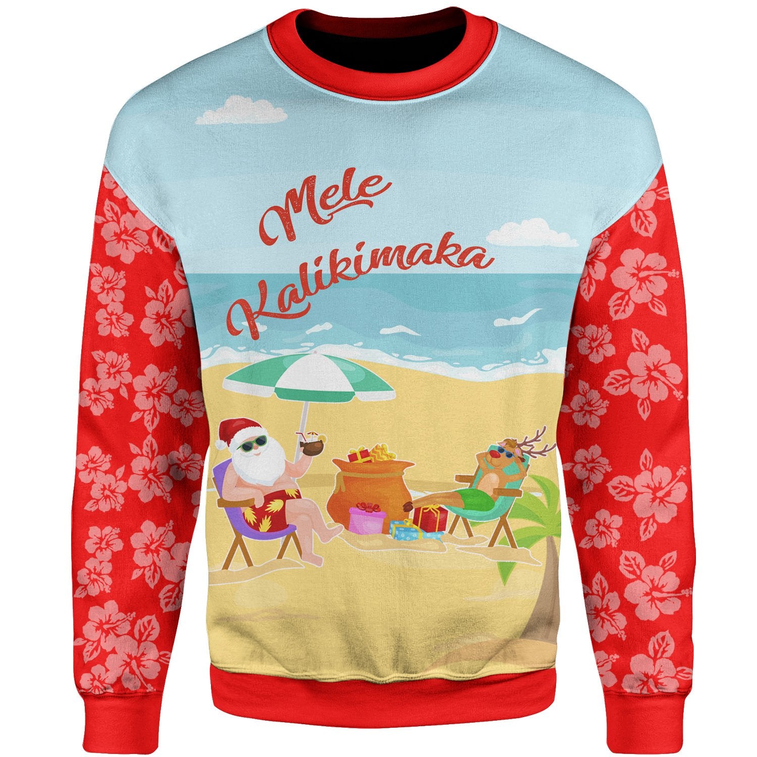 Mele Kalikimaka Sweatshirt - Santa Claus And Reindeer On The Beach Red Color Unisex Red - Polynesian Pride
