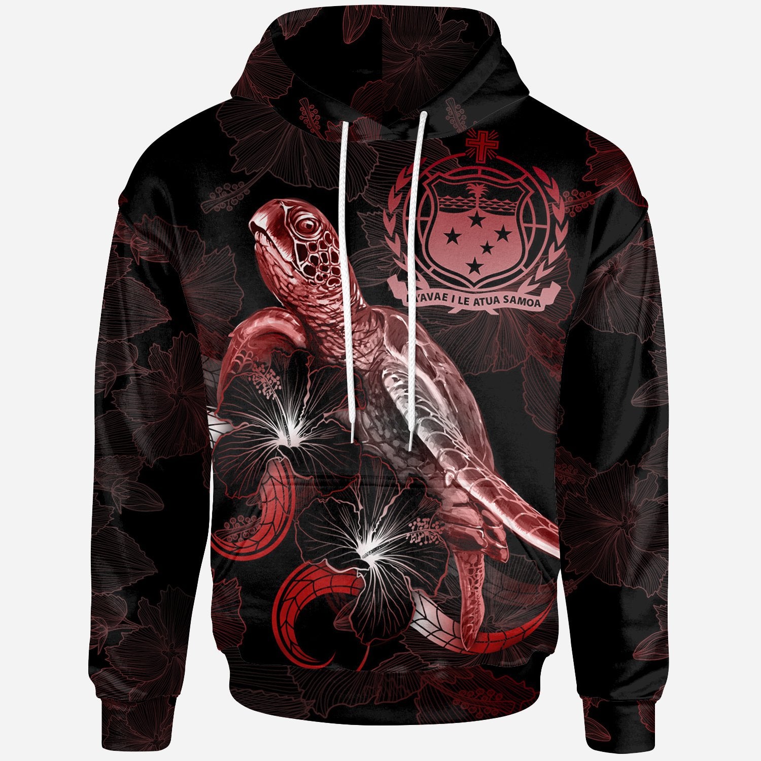 Samoa Polynesian Hoodie Turtle With Blooming Hibiscus Red Unisex Red - Polynesian Pride