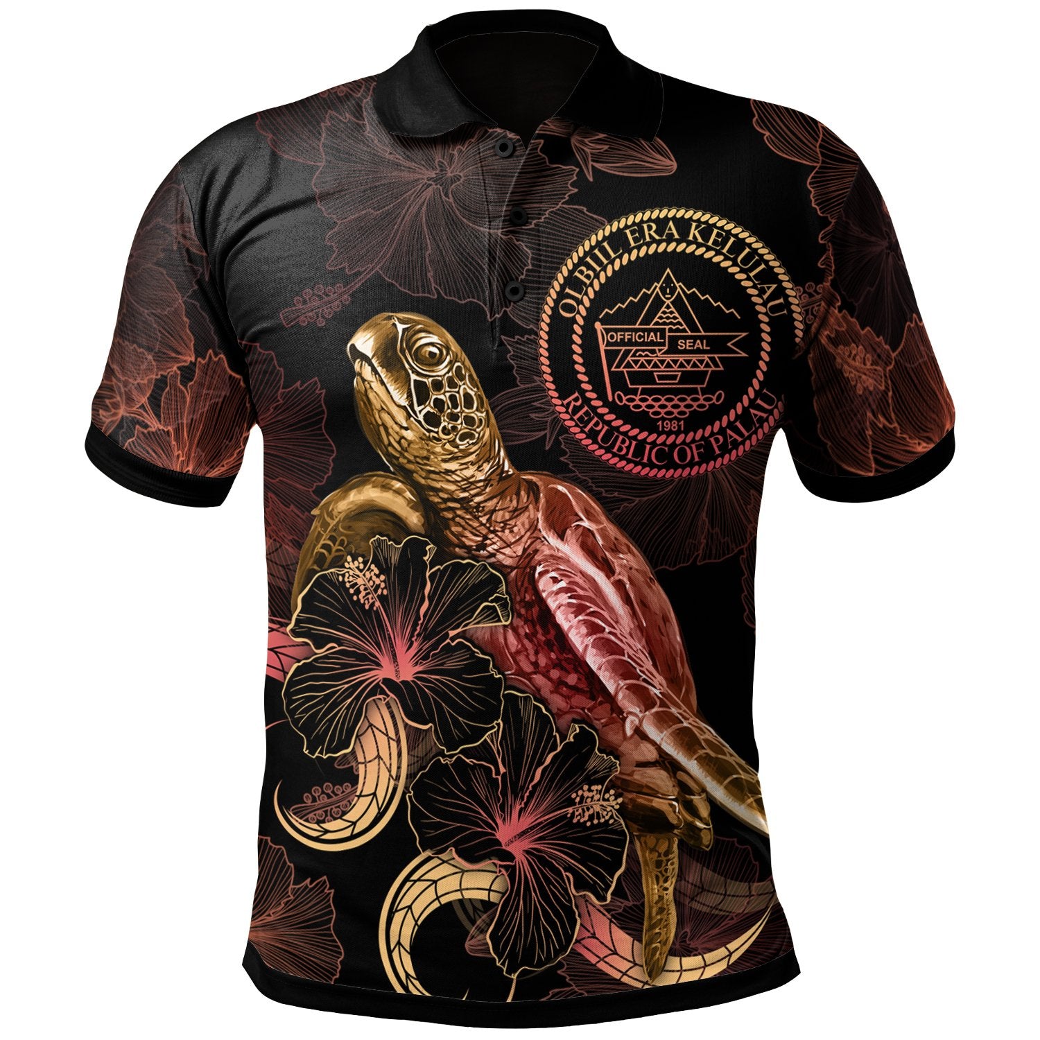 Palau Polynesian Polo Shirt Turtle With Blooming Hibiscus Gold Unisex Gold - Polynesian Pride