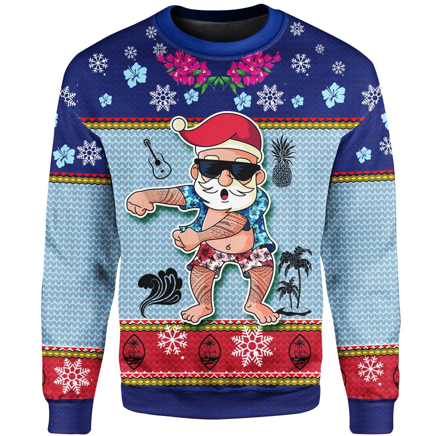 Guam Christmas Sweater - Santa Claus Polynesian Tattoo Unisex Blue - Polynesian Pride