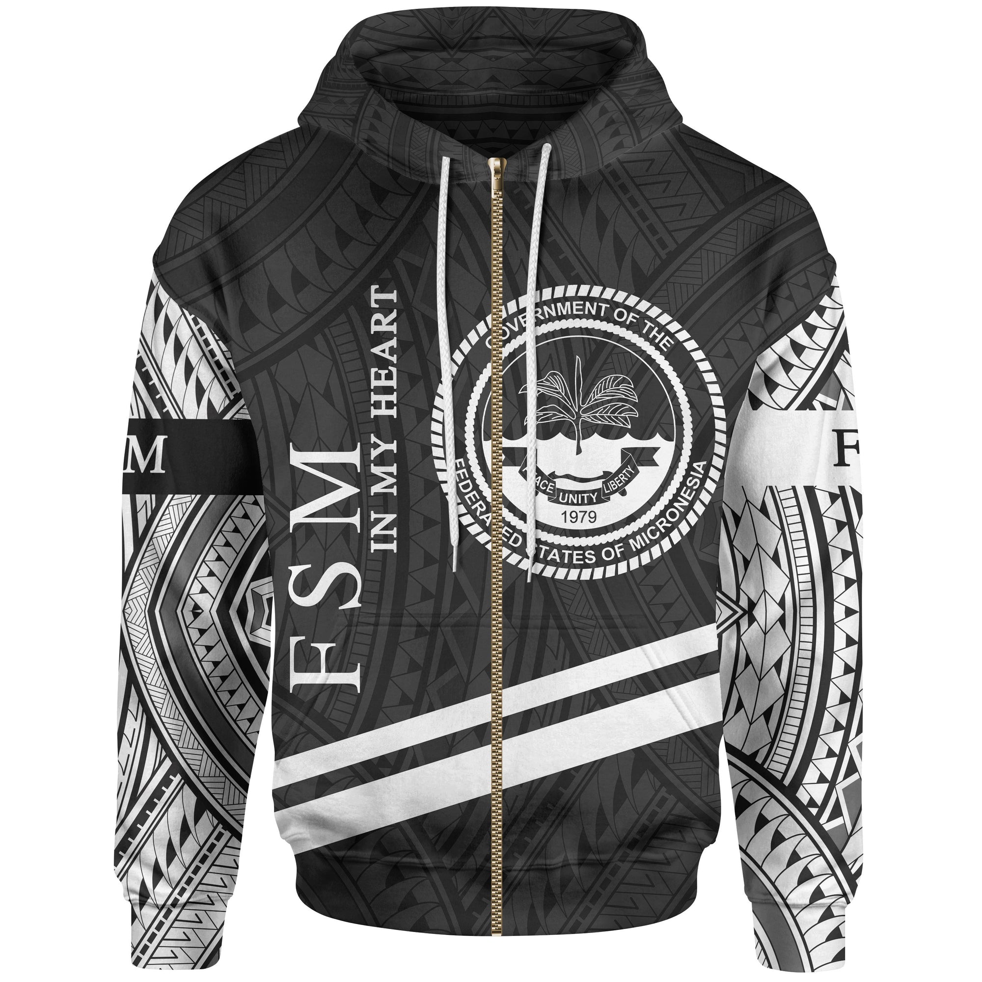 Federated States of Micronesia Zip Hoodie In My Heart Style Polynesian Patterns Unisex Black - Polynesian Pride