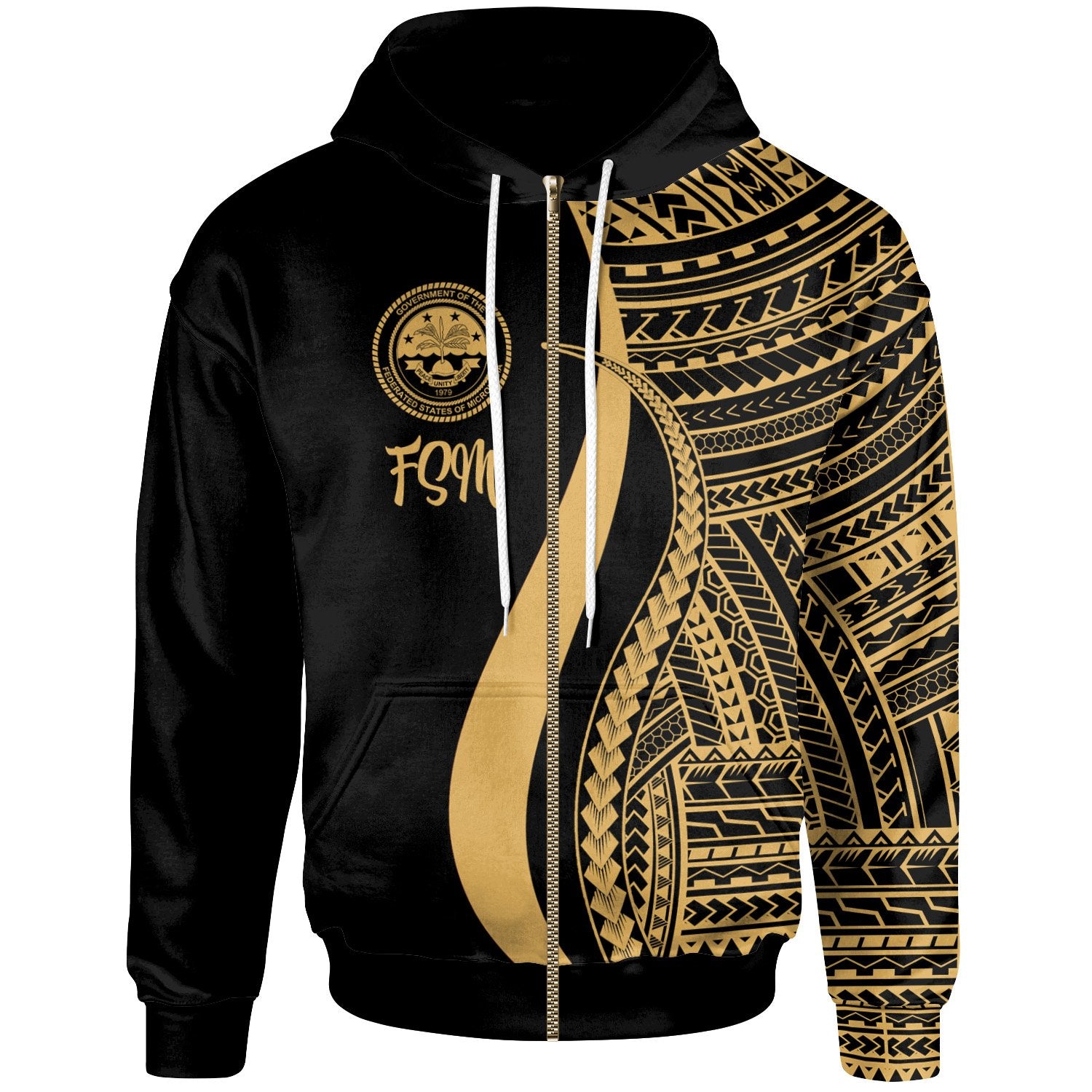 Federated States of Micronesia Zip up Hoodie Gold Tentacle Tribal Pattern Unisex Gold - Polynesian Pride