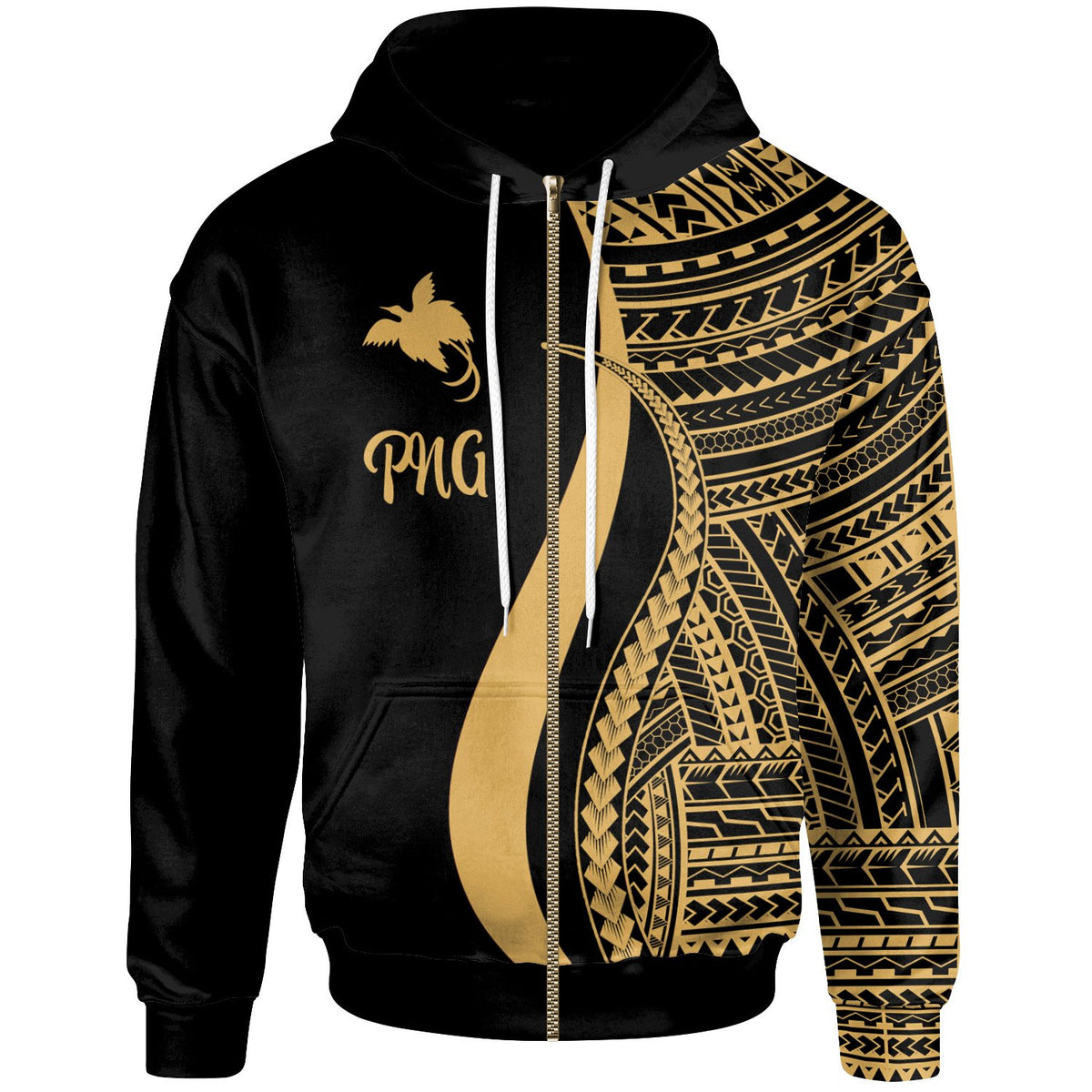 Papua New Guinea Zip up Hoodie Gold Tentacle Tribal Pattern Unisex Gold - Polynesian Pride