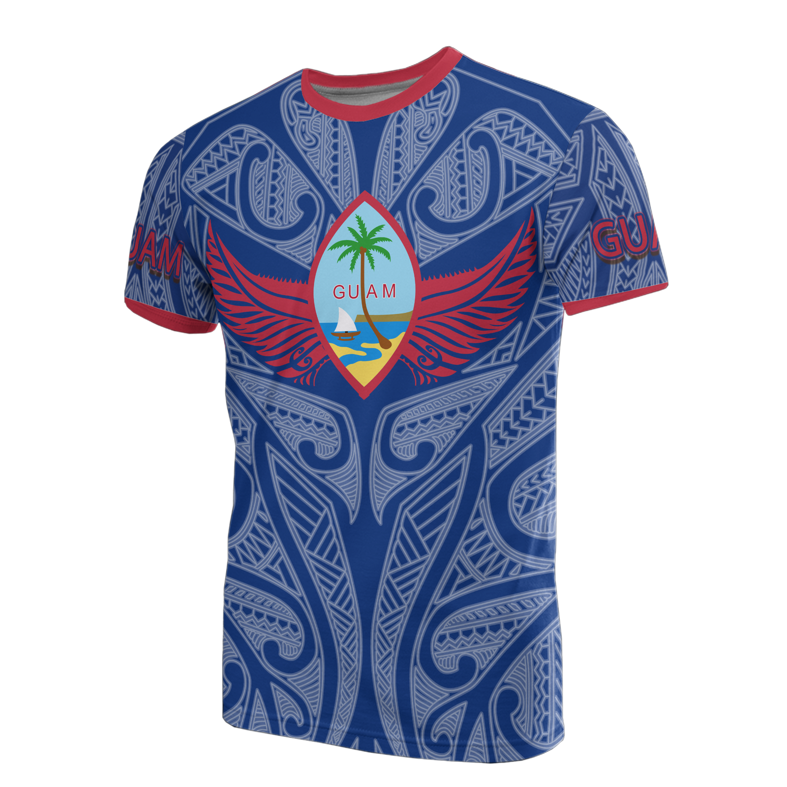 Guam T Shirt Guam Flag Coat of Arms Wings Style Unisex Blue - Polynesian Pride