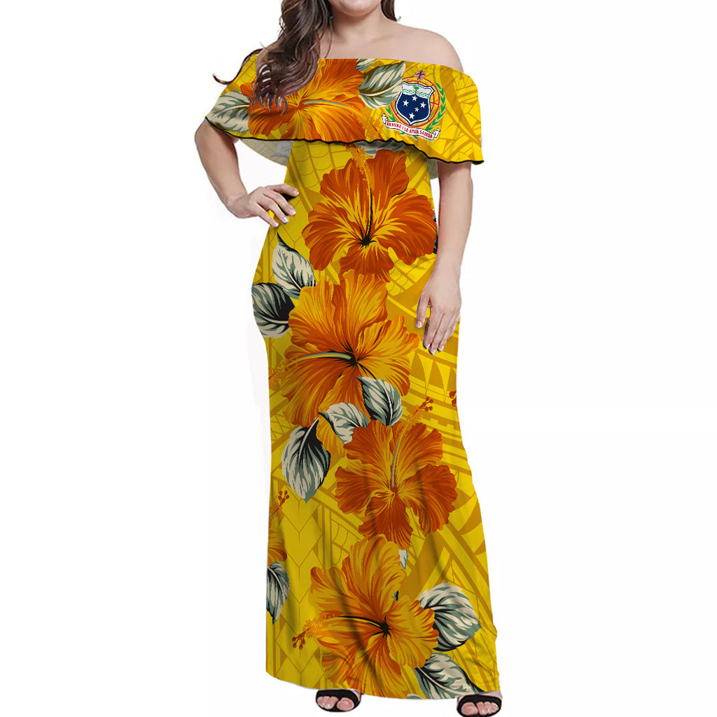Samoa Off Shoulder Long Dress Hibiscus Unique Style - Yellow LT7 Long Dress Yellow - Polynesian Pride