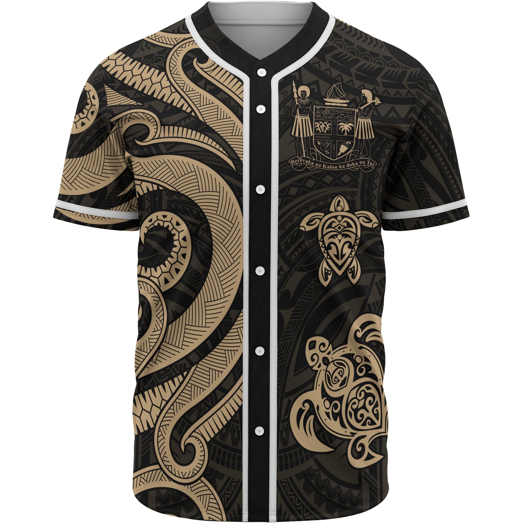 Fiji Baseball Shirt - Gold Tentacle Turtle Crest Unisex Gold - Polynesian Pride