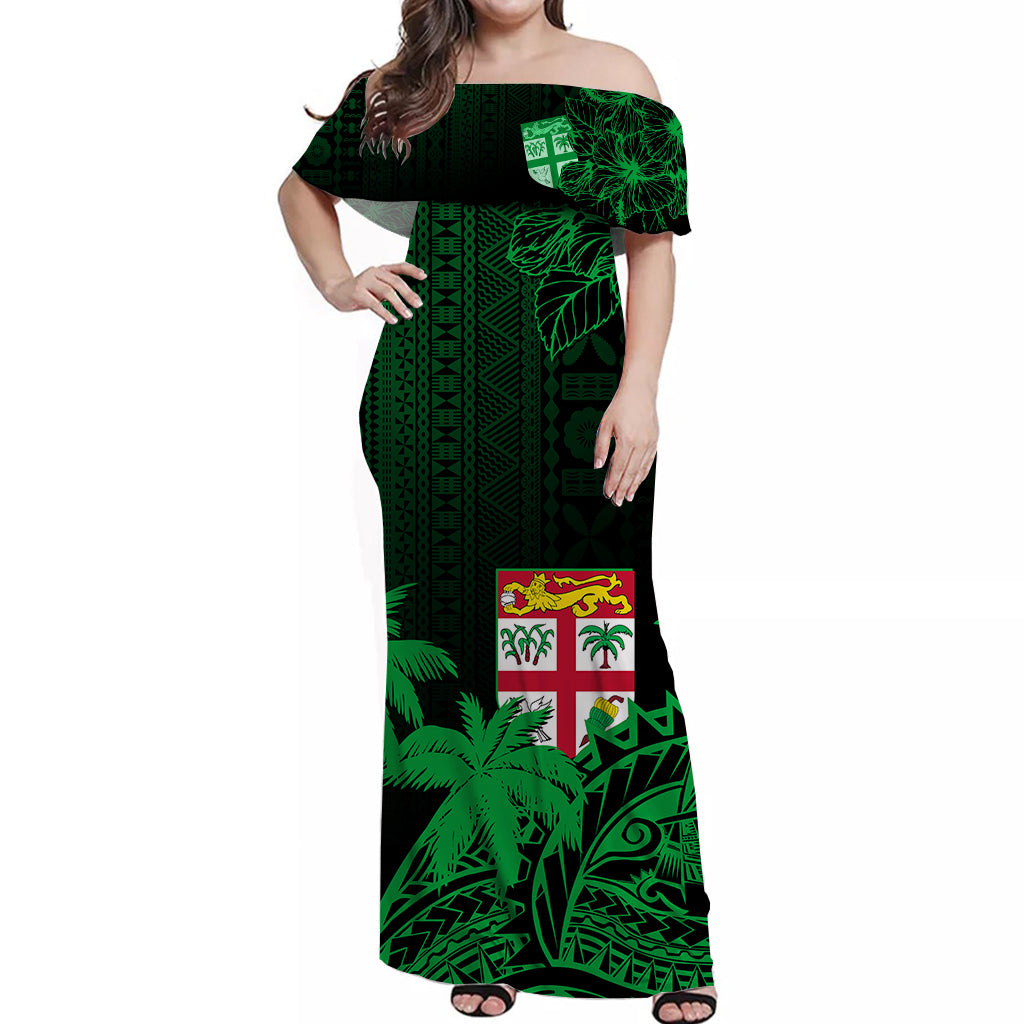 Fiji Tapa On The Waves Off Shoulder Long Dress Emerald LT7 Long Dress Emerald - Polynesian Pride