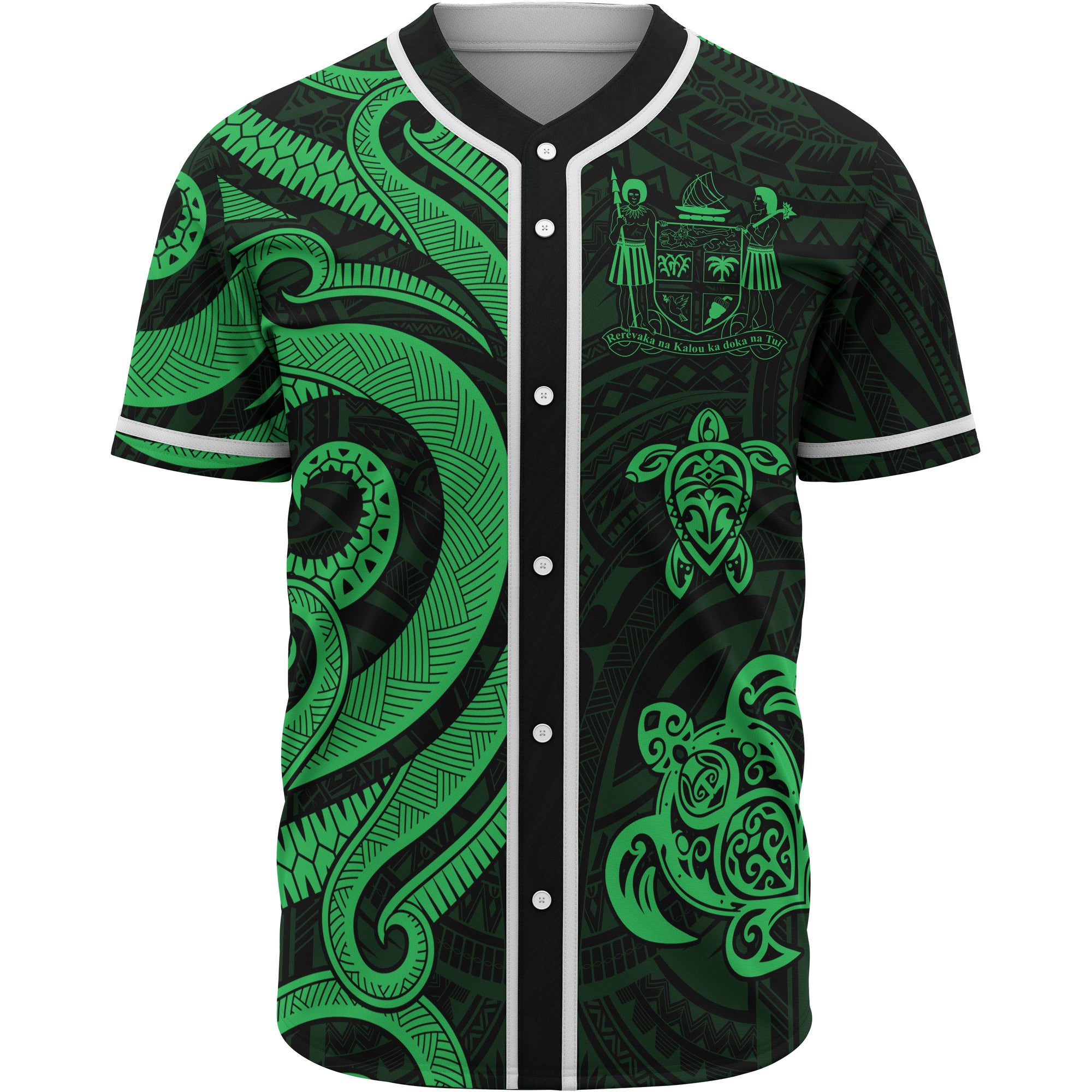 Fiji Baseball Shirt - Green Tentacle Turtle Crest Unisex Green - Polynesian Pride