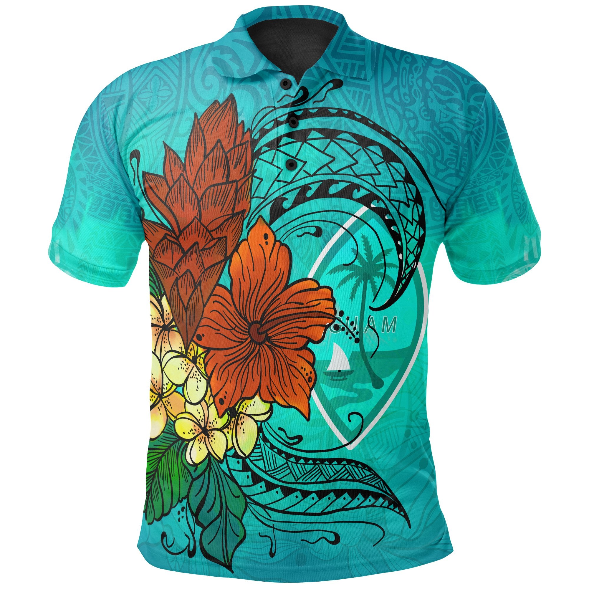 Guam Polo Shirt Tropical Flowers Style Unisex Blue - Polynesian Pride