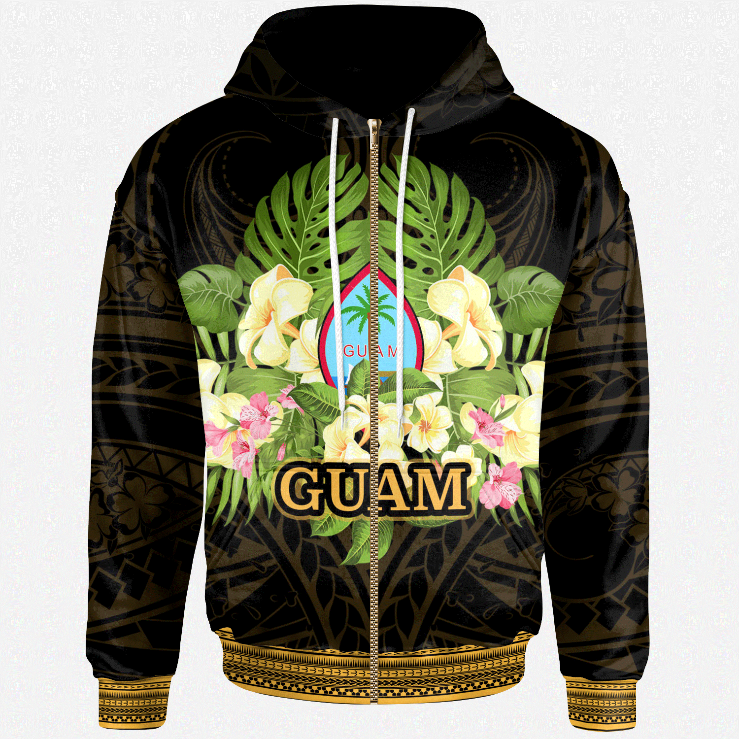 Guam Zip Hoodie Polynesian Gold Patterns Collection Unisex Black - Polynesian Pride
