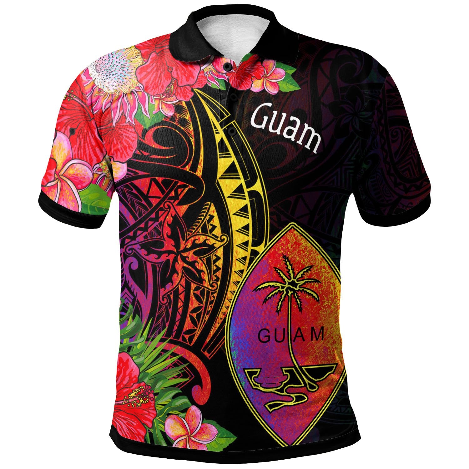 Guam Polo Shirt Tropical Hippie Style Unisex Black - Polynesian Pride