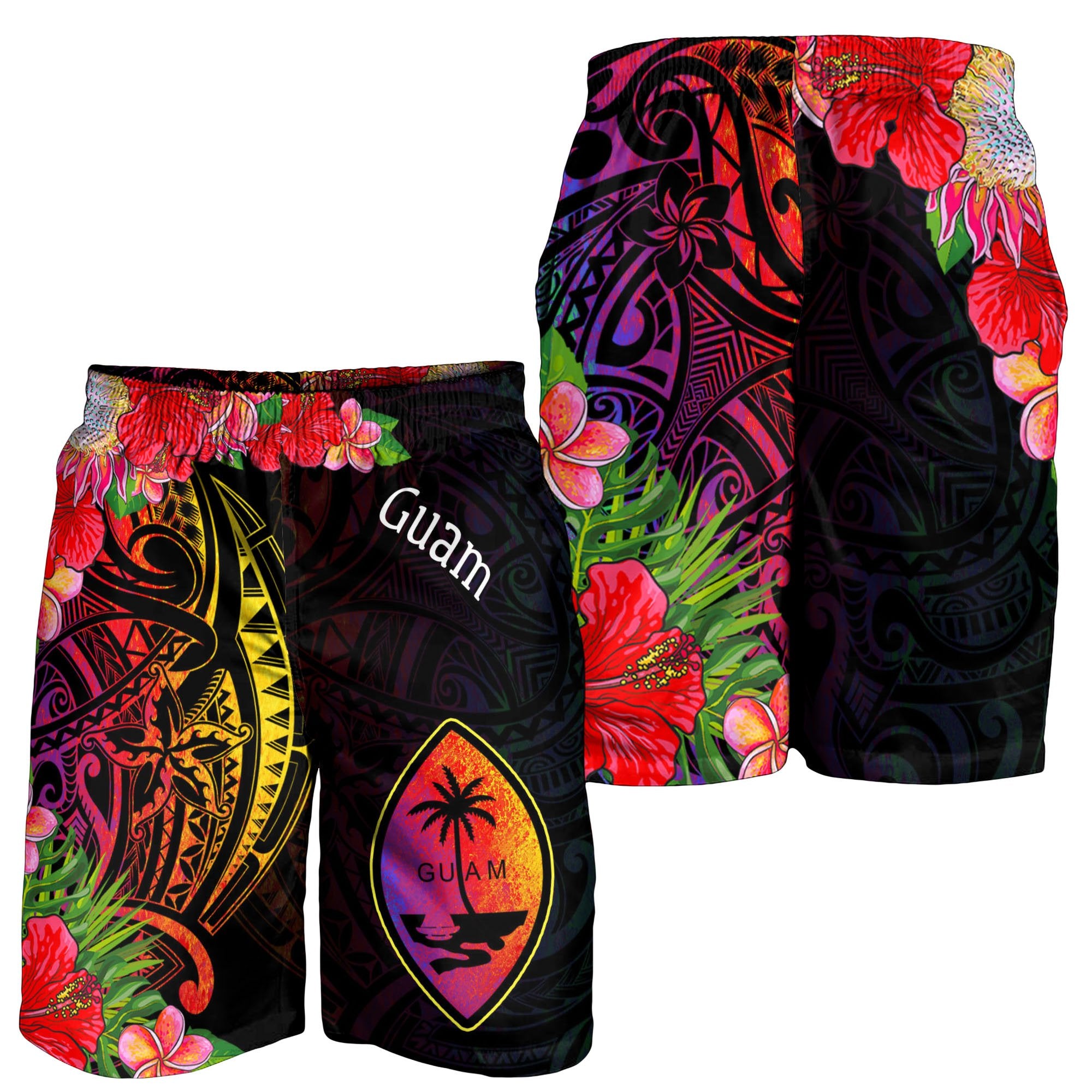 Guam Men's Shorts - Tropical Hippie Style Black - Polynesian Pride