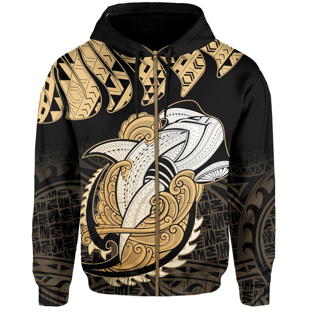 Hawaii Polynesian Aumakua Hammerhead Shark Hoodie Zip Cloud Style Gold - Polynesian Pride