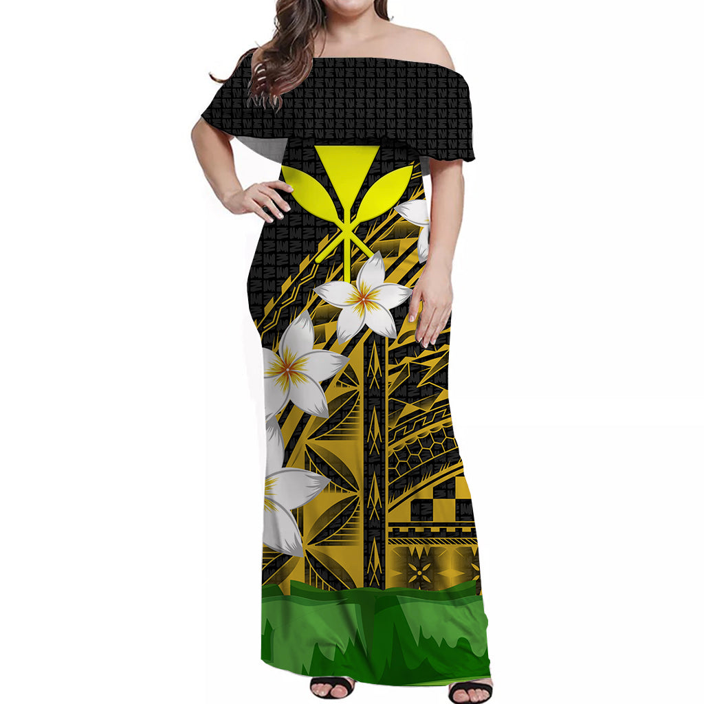 Hawaii Off Shoulder Dress - Banana Leaf With Plumeria Flowers Gold - LT12 Long Dress Gold - Polynesian Pride