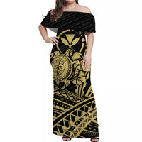 Hawaii Turtle With Hibiscus Tribal Off Shoulder Dress Gold - LT12 Long Dress Gold - Polynesian Pride