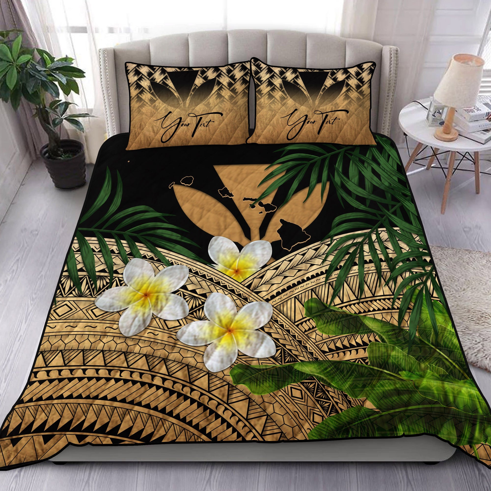 (Custom) Kanaka Maoli (Hawaiian) Quilt Bed Set, Polynesian Plumeria Banana Leaves Gold Personal Signature Gold - Polynesian Pride