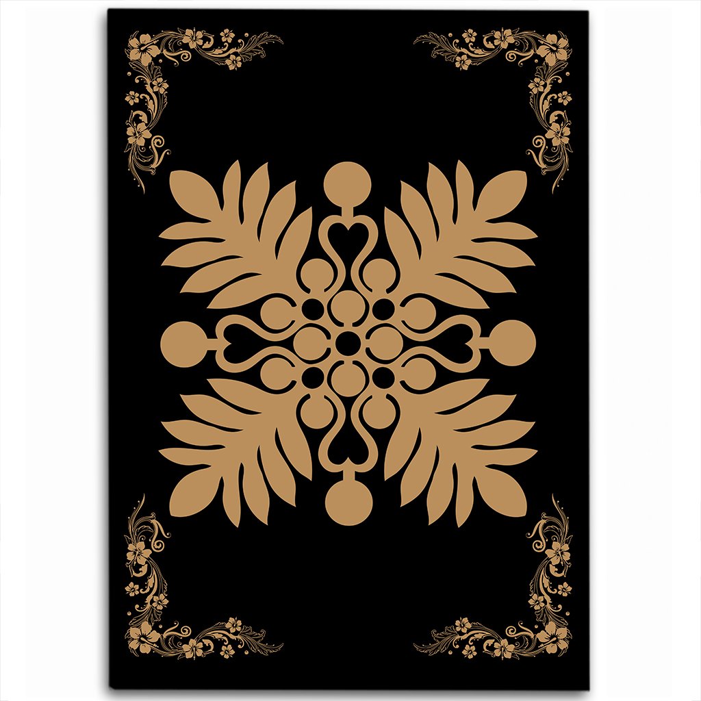 Hawaiian Quilt Maui Plant And Hibiscus Pattern Area Rug - Gold Black - AH Gold - Polynesian Pride
