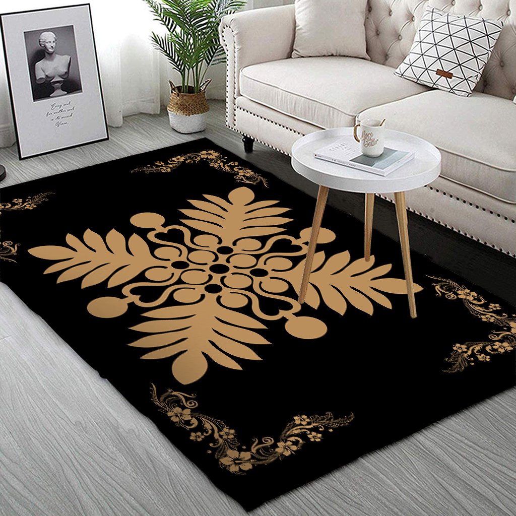 Hawaiian Quilt Maui Plant And Hibiscus Pattern Area Rug - Gold Black - AH - Polynesian Pride