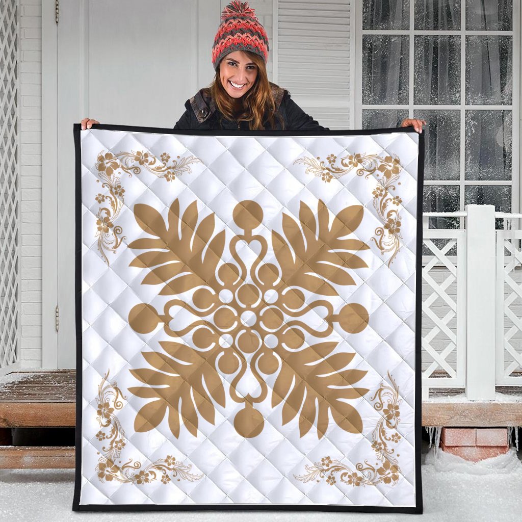 Hawaiian Quilt Maui Plant And Hibiscus Premium Quilt - Gold White - AH - Polynesian Pride