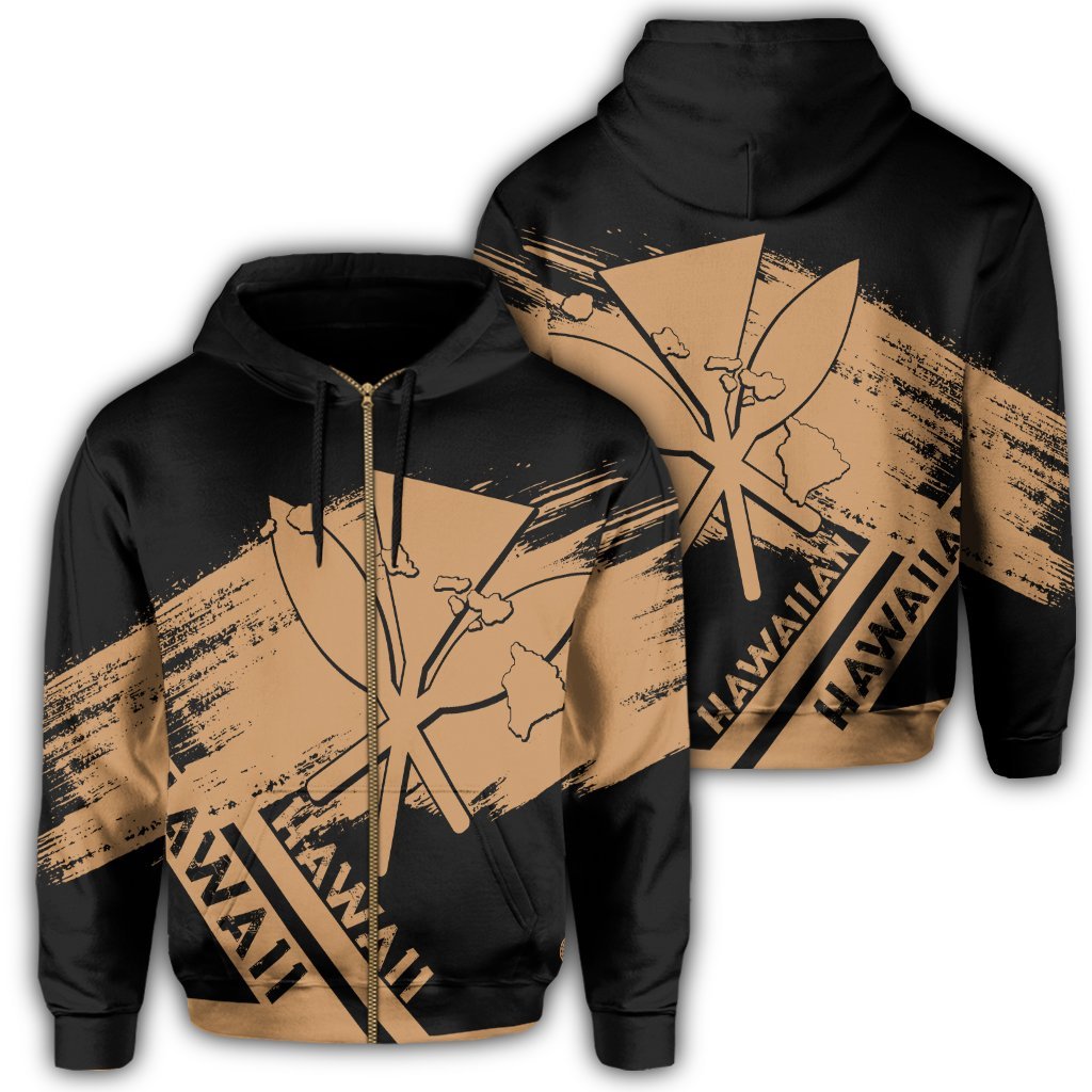 Hawaiian Map Kanaka Identifier Hoodie Zip Gold Brusch Style Unisex Gold - Polynesian Pride