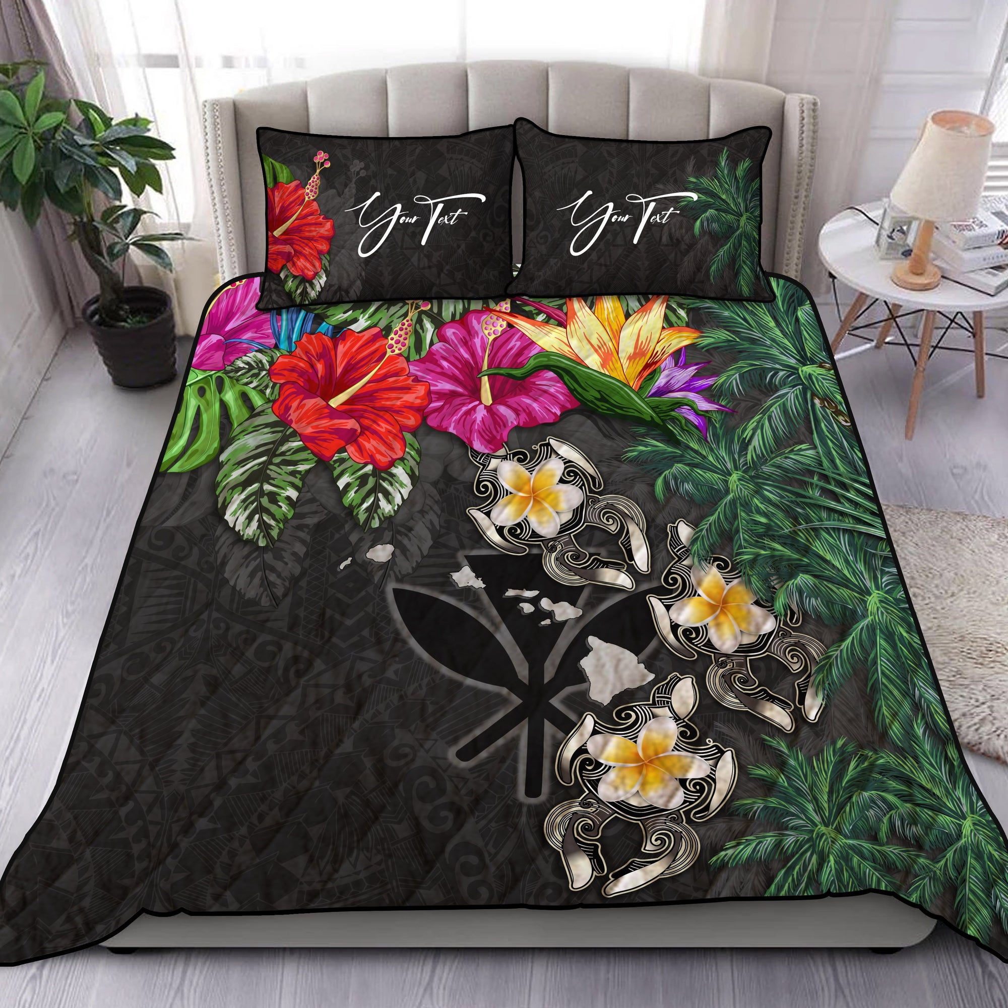 (Custom) Kanaka Maoli (Hawaiian) Quilt Bed Set - Hibiscus Turtle Tattoo Gray Personal Signature Gray - Polynesian Pride