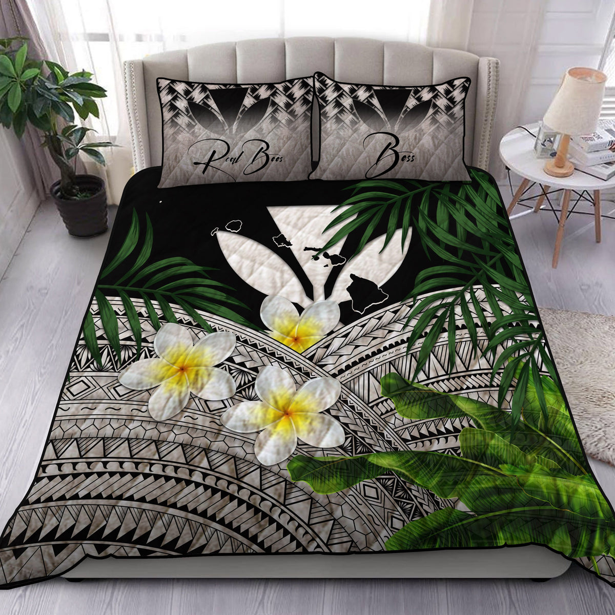 (Custom) Kanaka Maoli (Hawaiian) Quilt Bed Set, Polynesian Plumeria Banana Leaves Gray Personal Signature - Polynesian Pride