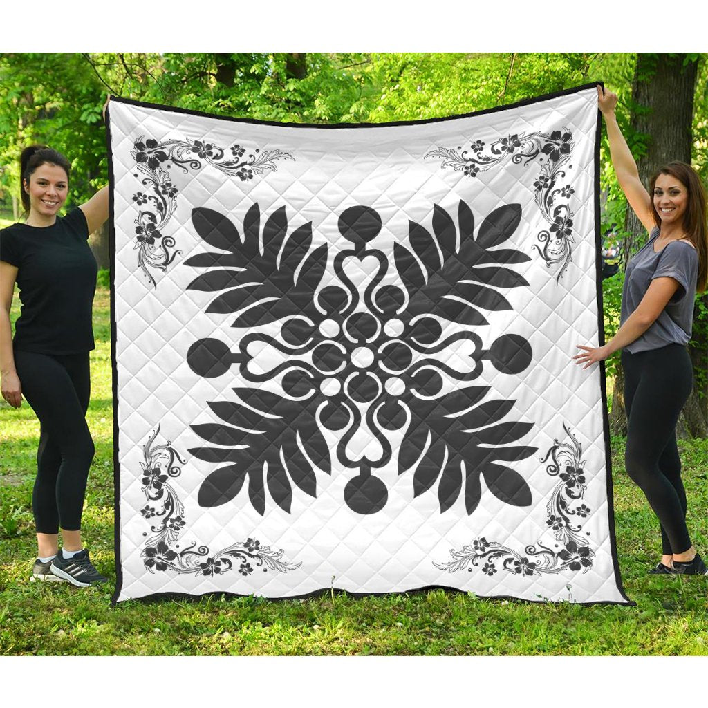 Hawaiian Quilt Maui Plant And Hibiscus Premium Quilt - Gray White - AH Gray - Polynesian Pride