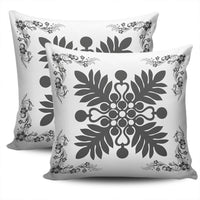 Hawaiian Quilt Maui Plant And Hibiscus Pattern Pillow Covers - Gray White - AH - Polynesian Pride